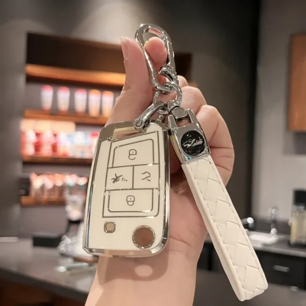 Car Key Case Cover Key Holder with Keychain for VW Volkswagen Tiguan Golf Jetta Polo Atlas Skoda Smart Key Case