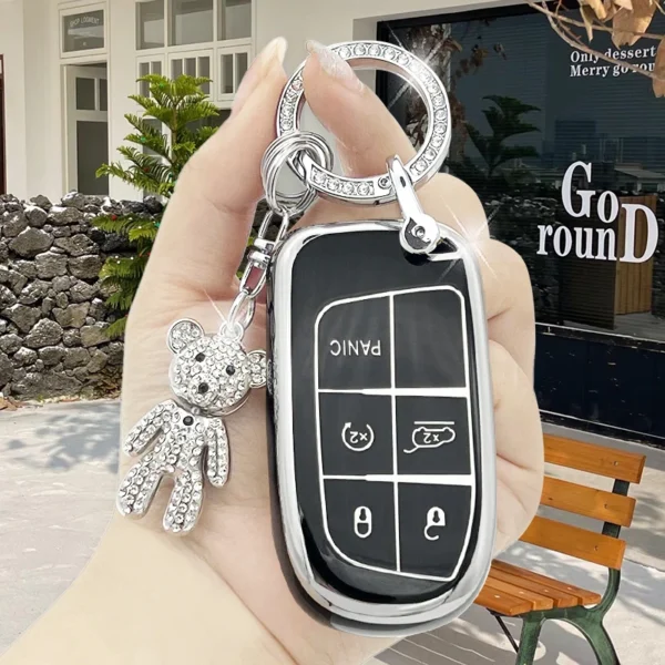 Exquisite car keychain with high-end violent bear artificial diamond, keychain cover with soft TPU keycase, cherry blossom powde