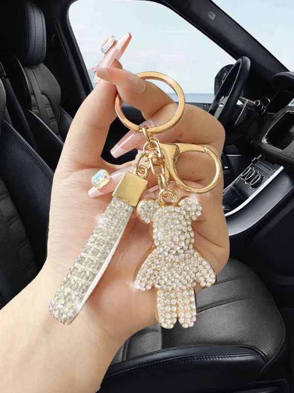 Fashionable men's and women's full diamond pink/orange/white teddy bear keychain exquisite women's sense of luxury car keychain
