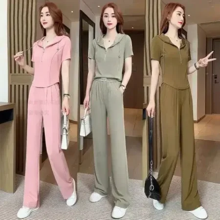Casual Sportswear Set Women Summer Thin New Fashion Elegant Slim Wide Leg Pants Two Piece Set Comfortable Breathable Lightweight