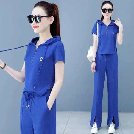 Fashionable Women's Sport Suit 2023 Summer Short Sleeve Trousers New Versatile Hooded Casual 2-piece Set From China
