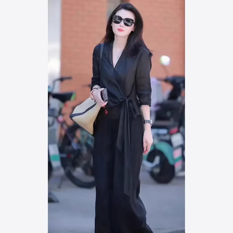 Summer Fashion Set V-neck High-waist Wide-leg Pants Women's Style Age-reducing Design Slimming Versatile Trendy Outfit - Image 5