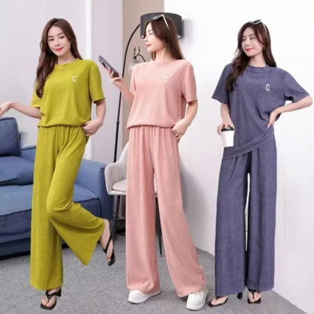Cross-Border Chiyoda C Embroidery Set Women's round Neck Short Sleeve Long Pants Two-Piece Set Casual Fashion Home Wear