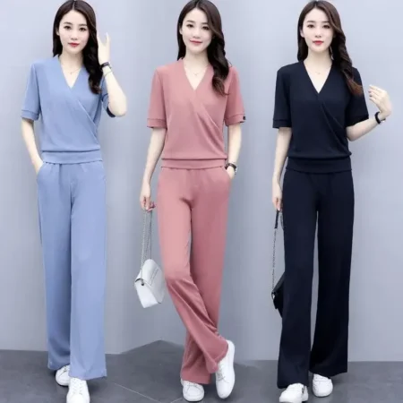 Women's Summer Sportswear Set Short Sleeve Wide Leg Pants Two Piece Casual Loose Fashionable Korean Style