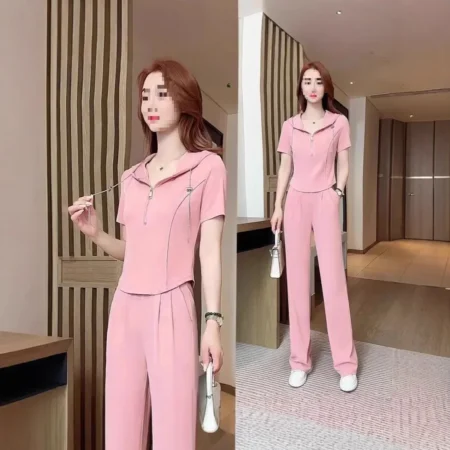 Slimming Ice Silk Wide Leg Pants Two Piece Set Summer Casual Sportswear Women's Fashionable New Style Thin Lightweight Ensemble