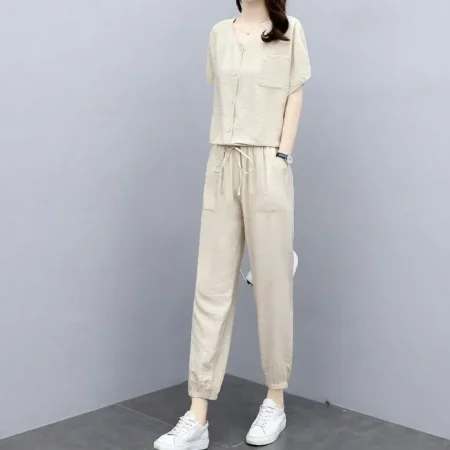 Summer New Women's Casual Fashionable Cotton Linen Sportswear Set Two-Piece Set Elegant Lady Style Comfortable Breathable