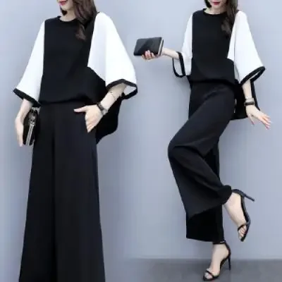 New Cross-Border Women's Fashion Loose-Fit Spring Summer 2-Piece Set Top Bell Bottoms Casual Fashionable Suit Plus Size