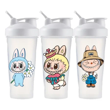 LABUBU Water Bottle Straw Portable Plastic Albumen Powder Shaker Bottle 600ML Cute Outdoor Capacity Sport Water Cup Kids Gifts