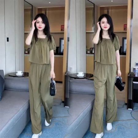 Elegant Square Collar Bubble Sleeve Shirt And Slim Wide Leg Pants Two Piece Set Fashionable Ageless Ensemble Summer Hot Sale Of