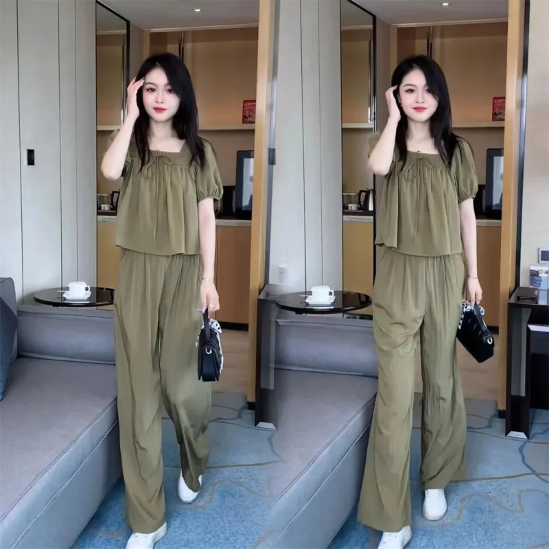 Elegant Square Collar Bubble Sleeve Shirt And Slim Wide Leg Pants Two Piece Set Fashionable Ageless Ensemble Summer Hot Sale Of