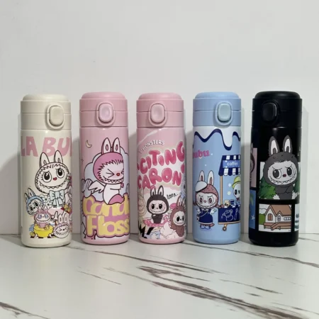 Labubu Periphery Cartoon Insulated Cup With Large Capacity Elastic Buckle 304 Stainless Steel Pea Cup Kid Gift