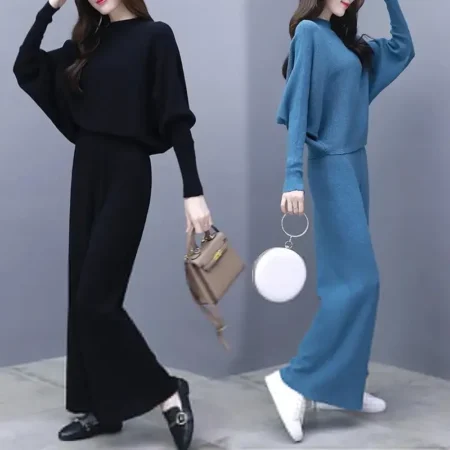 Fashionable Spring-Autumn 2024 Loose-Fit Batwing Sleeve Top Casual Bell Bottoms 2-Piece Set Korean Style Women's Suit