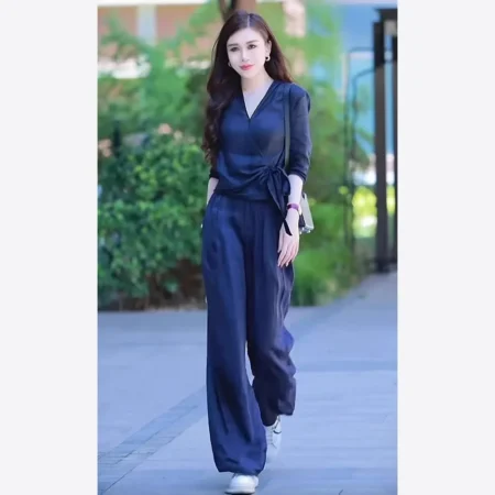 Summer Fashion Set V-neck High-waist Wide-leg Pants Women's Style Age-reducing Design Slimming Versatile Trendy Outfit