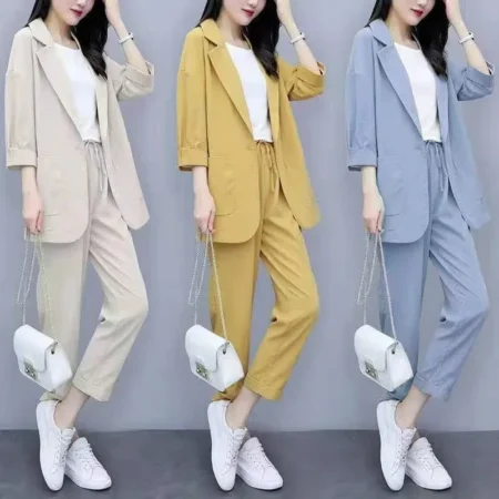 Loose Casual plus Size Women's Suiting Set Two Pieces Korean Style Slimming Top Bottom Ensemble Polyester Fiber