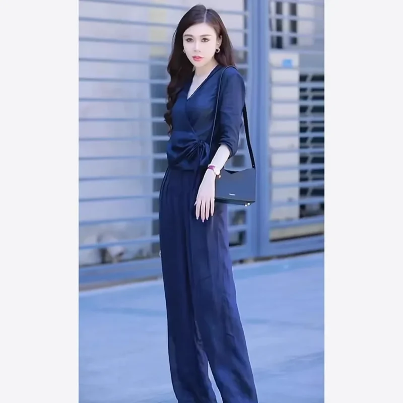 Summer Fashion Set V-neck High-waist Wide-leg Pants Women's Style Age-reducing Design Slimming Versatile Trendy Outfit - Image 2