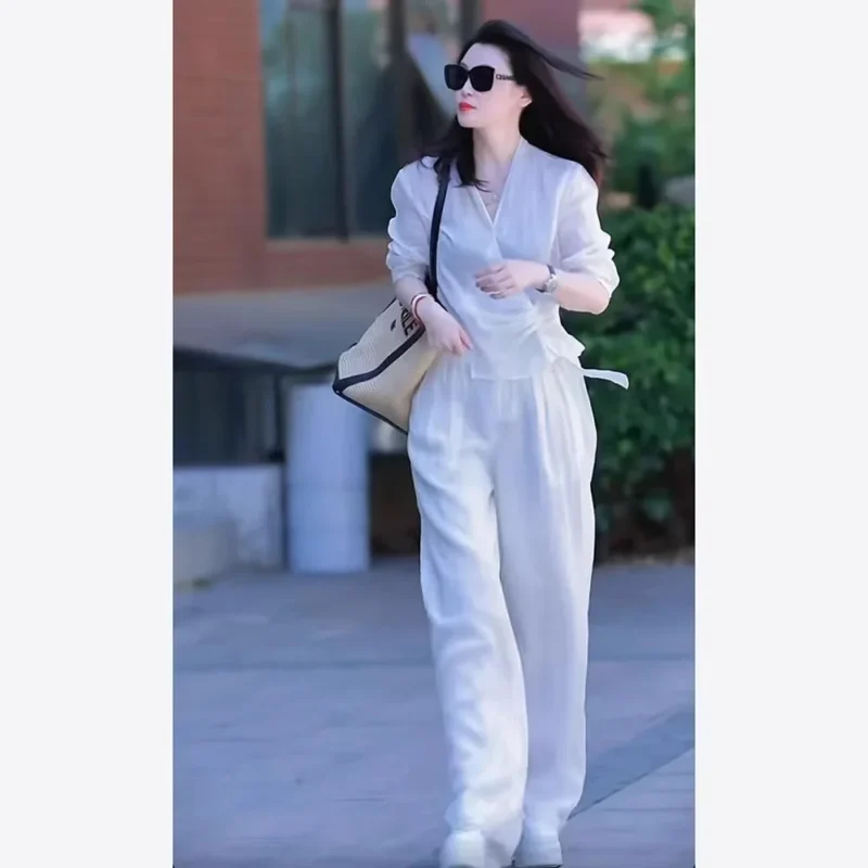 Summer Fashion Set V-neck High-waist Wide-leg Pants Women's Style Age-reducing Design Slimming Versatile Trendy Outfit - Image 3