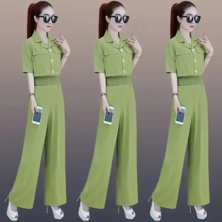 Elegant Summer New Modern Professional Suit Cropped Slimming Top Wide Leg Straight-Leg Pants 2-Piece Set Women's Fashion